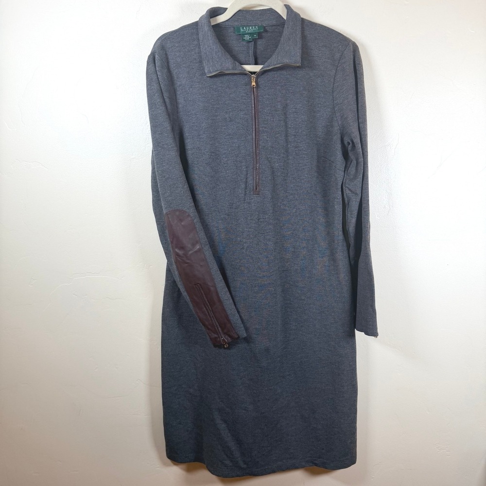 Lauren Ralph Lauren Mock Neck Lamb Leather 1/2 Zip Knit Dress Gray Equestrian 14